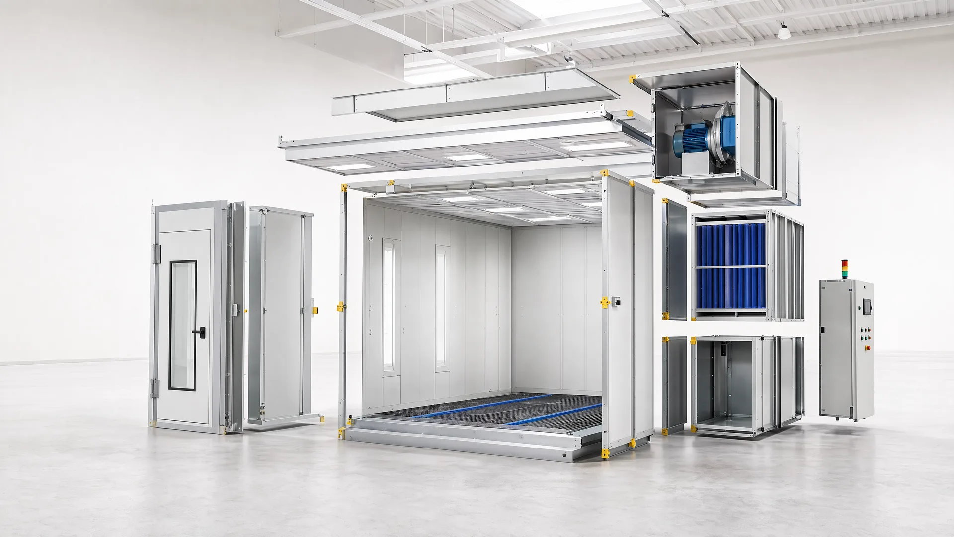 Representative exploded custom modular spray booth with structural modules and coordinated equipment