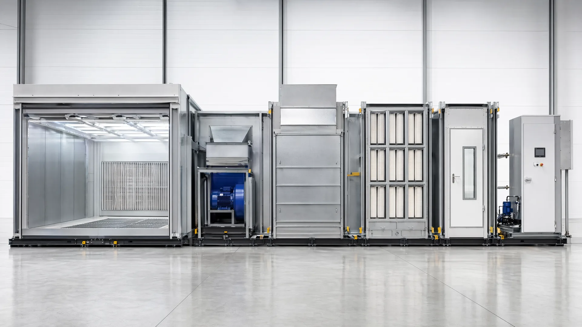 Six modular spray-booth families aligned as one coordinated system
