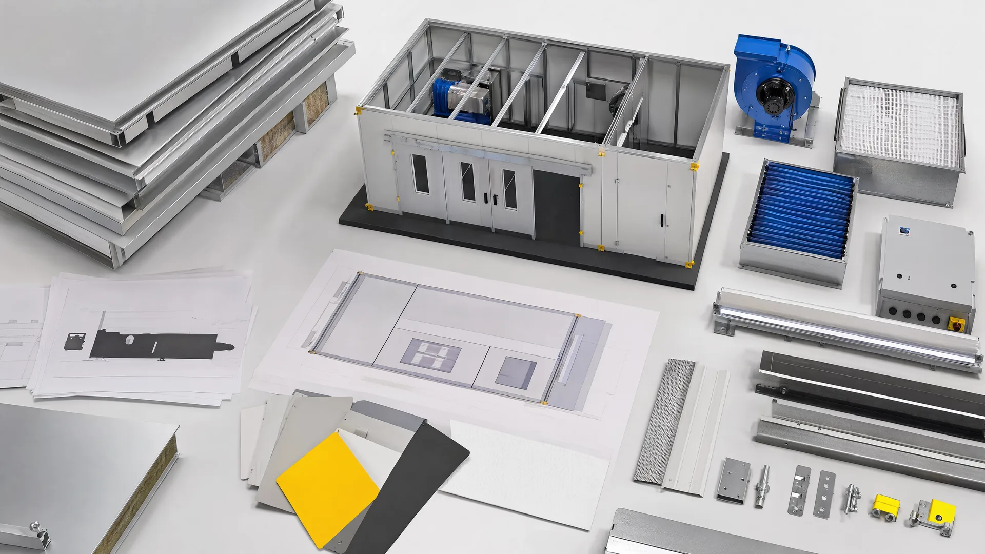 Illustrative planning image with requirement brief site plan and modular booth study
