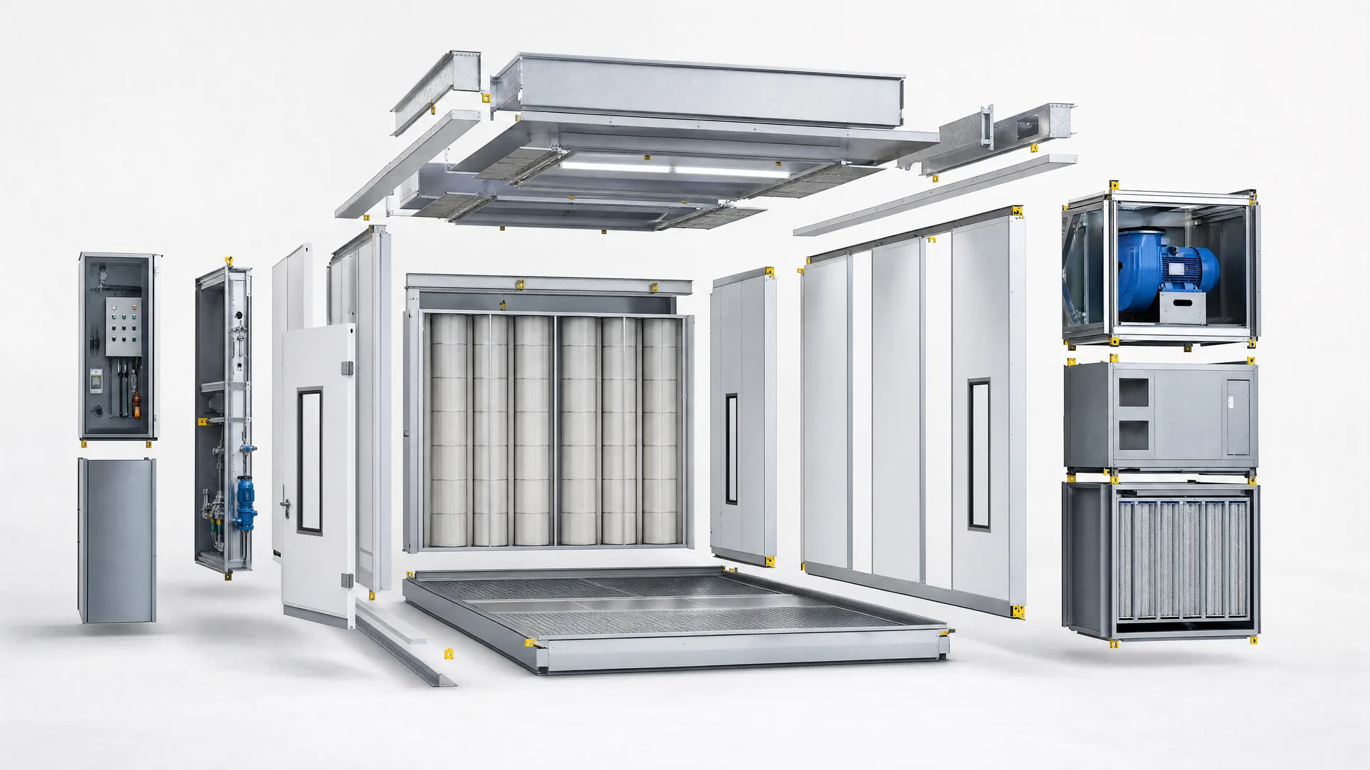 Representative axonometric exploded custom spray-booth module system