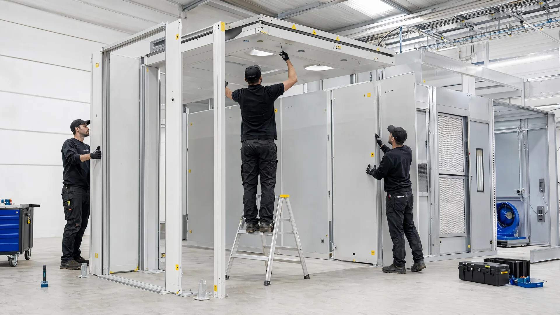 Representative local team assembling modular booth panels